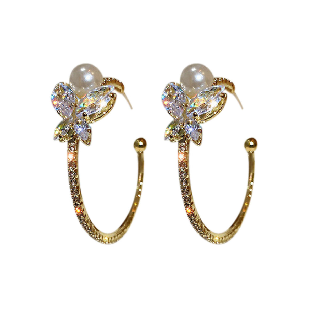 Ladies 18K Gold Plated C Shape Star Crystal Faux Pearl Hoop Stud Earring