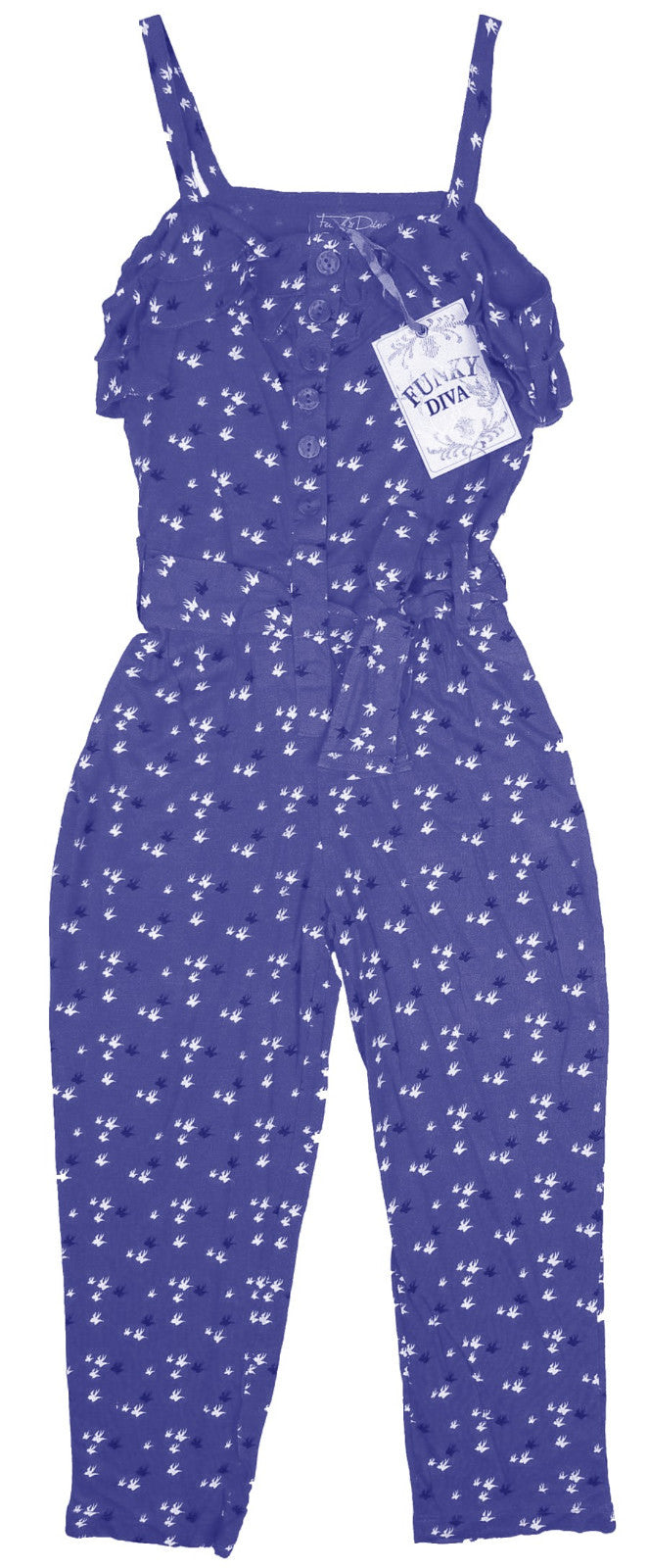 Girls Funky Diva Bird Print Long Strappy Adjustable Waist Tie Belt Jumpsuit