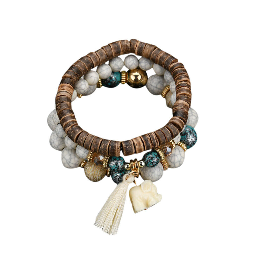Ladies White Tassels Charm Elastic Beaded Chain 3Tier Bracelet