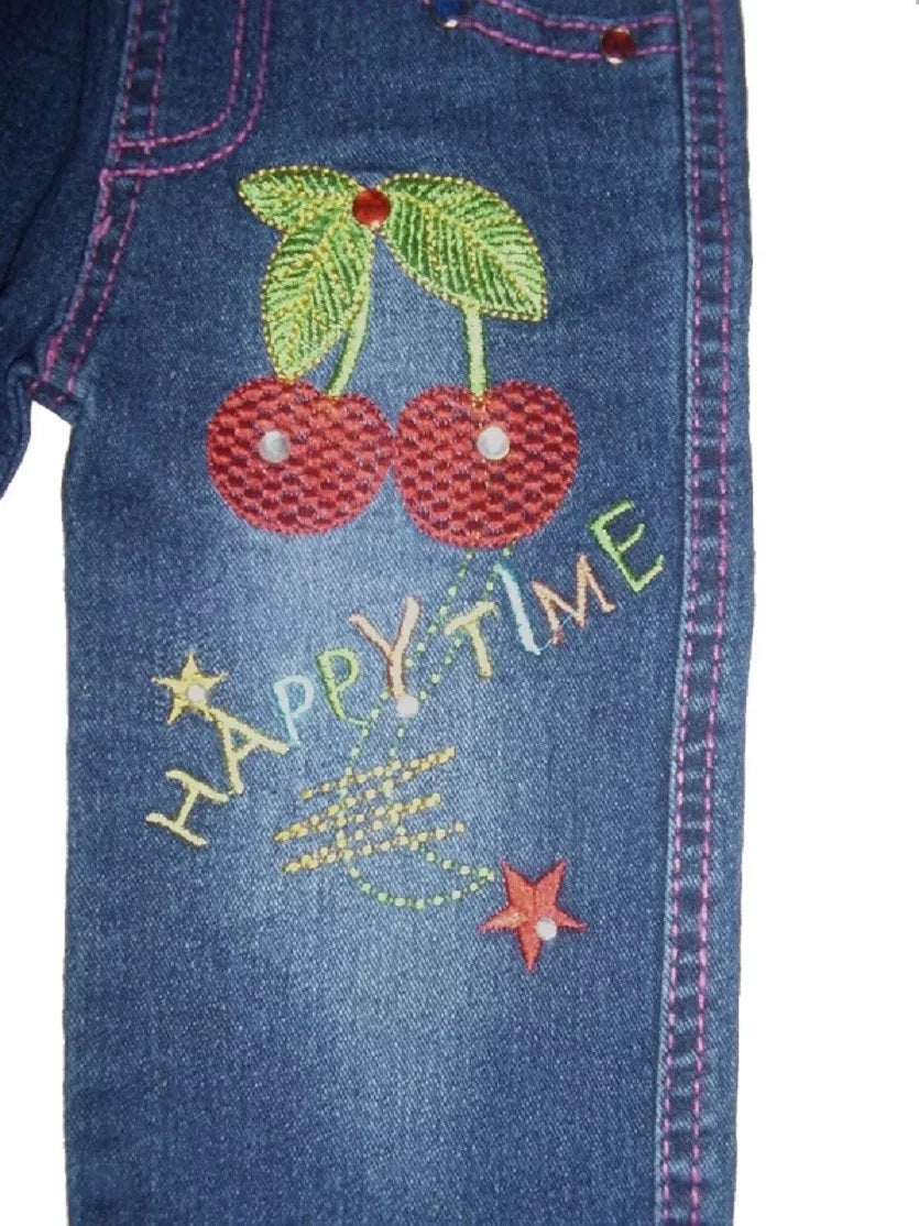 Girls Happy Time Blue Elasticated Waist Embroidery Detail Denim Jeans.12Months