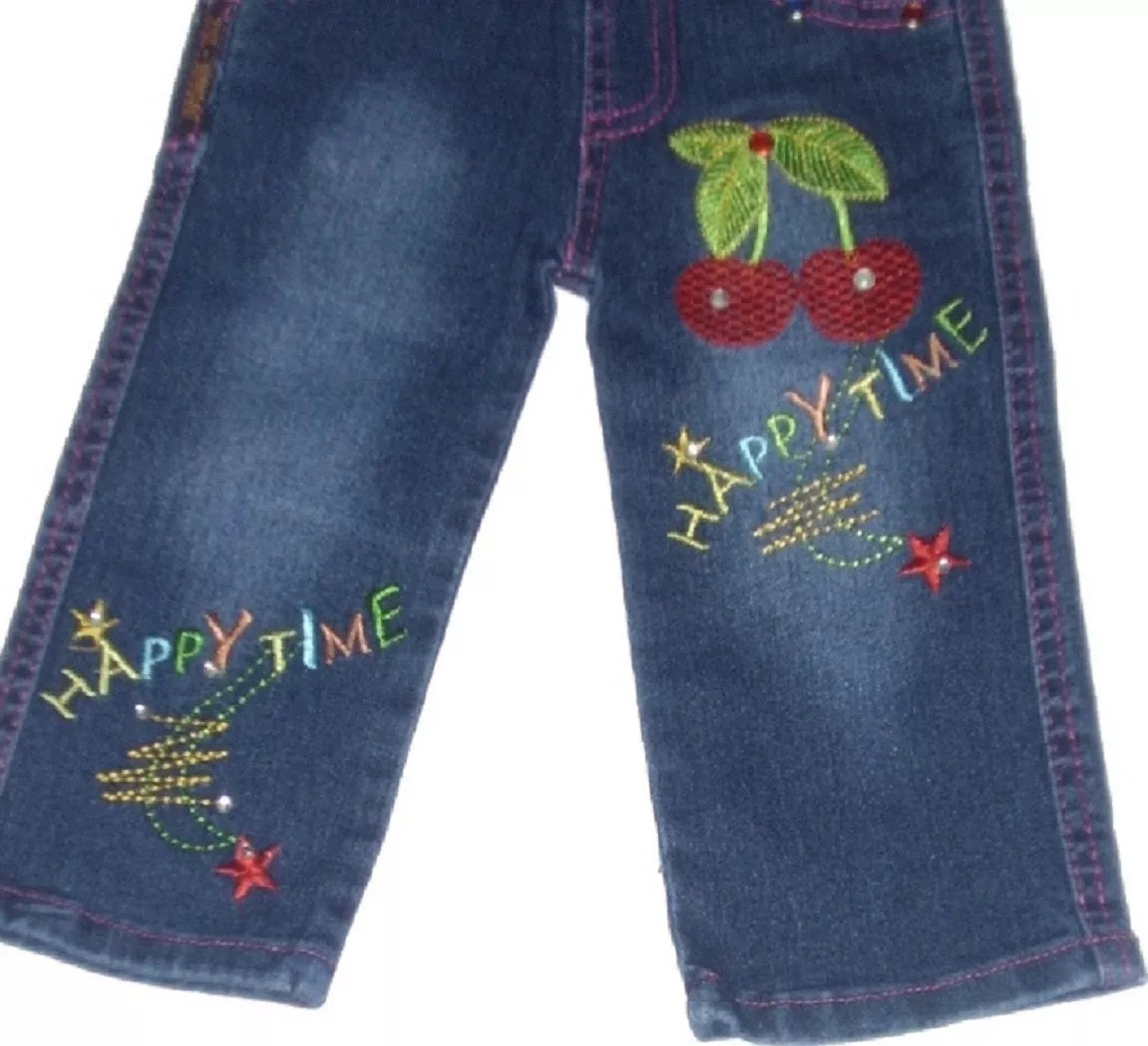 Girls Happy Time Blue Elasticated Waist Embroidery Detail Denim Jeans.12Months