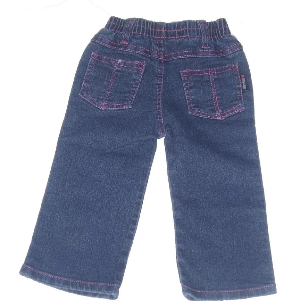 Girls Happy Time Blue Elasticated Waist Embroidery Detail Denim Jeans.12Months