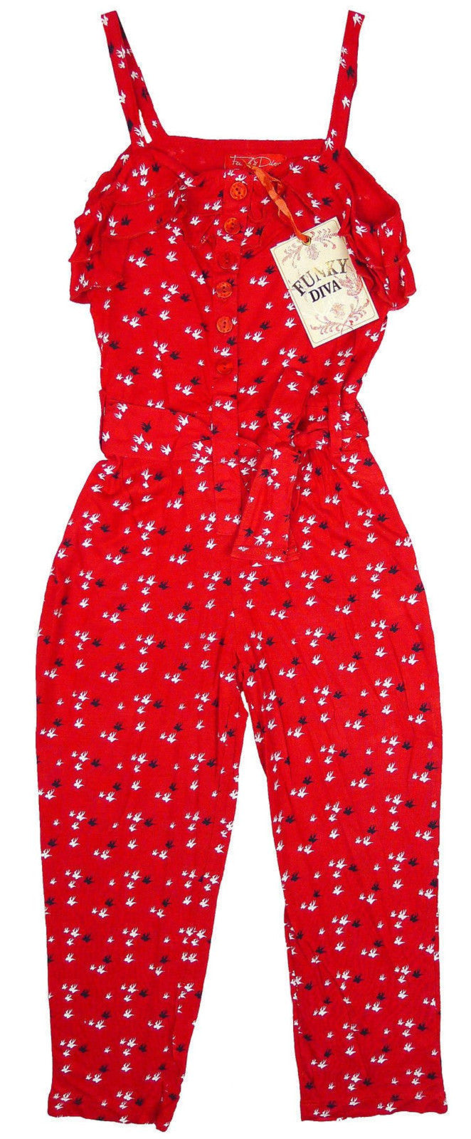 Girls Funky Diva Bird Print Long Strappy Adjustable Waist Tie Belt Jumpsuit