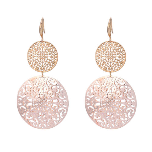 Ladies Gold Plated Hollow Cut Out Double Circle Filigree Disc Drop Hook Earrings
