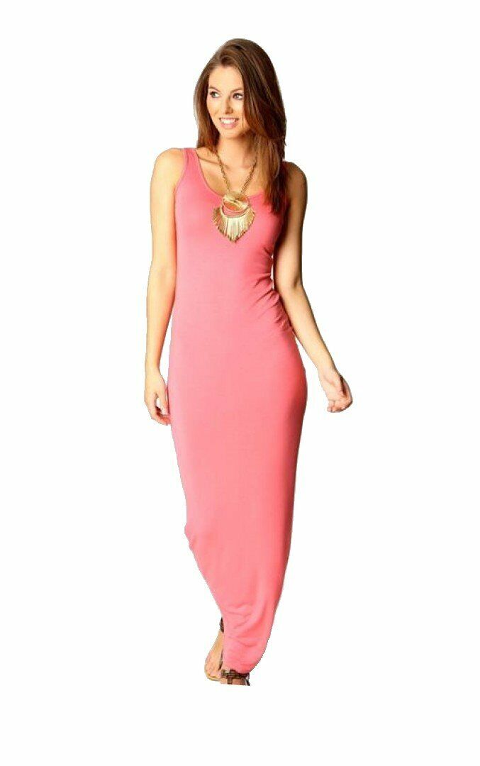 Ladies Pink Plain Maxi Muscle Jersey Racer Back Summer Dress