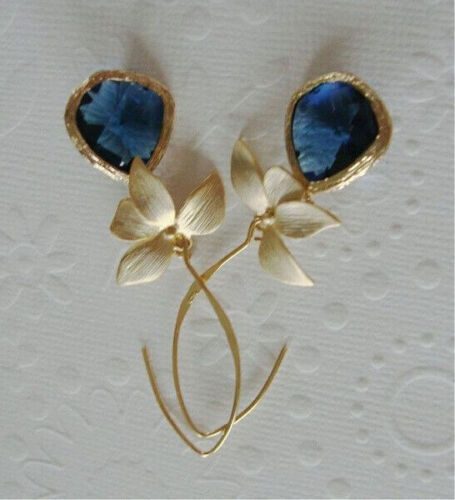 Ladies Gold Plated Blue Stone Blooming Flower Hook Dangling Drop Earrings