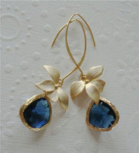 Load image into Gallery viewer, Ladies Gold Plated Blue Stone Blooming Flower Hook Dangling Drop Earrings
