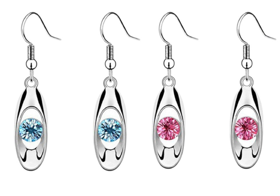 Ladies Silver Oval Cutout Mid Round Crystal Hook Dangling Earring