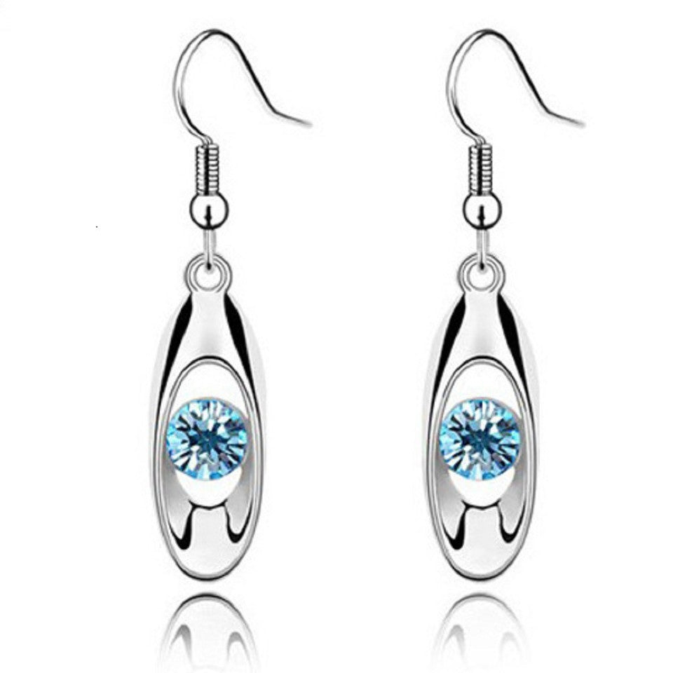 Ladies Silver Oval Cutout Mid Round Crystal Hook Dangling Earring