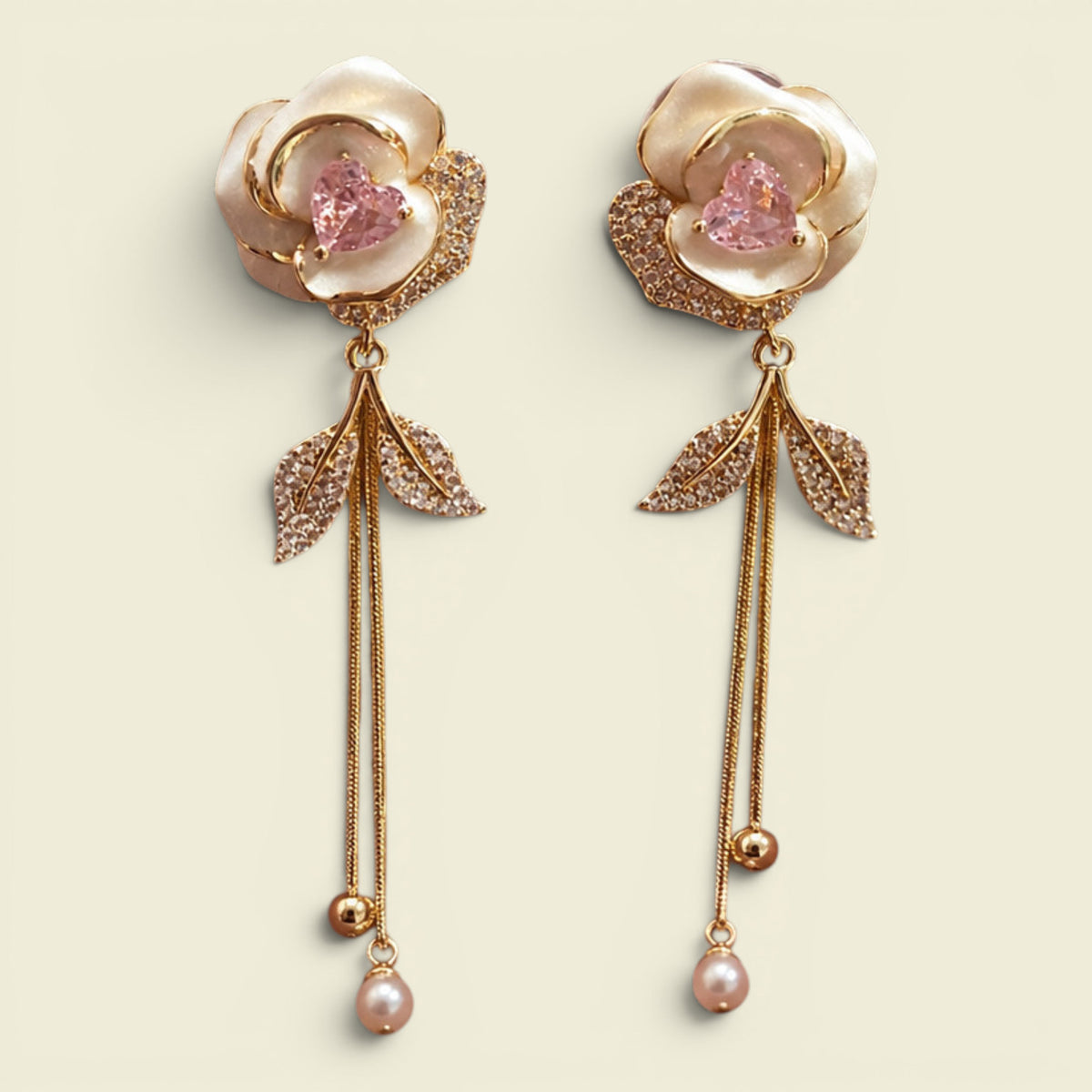 Ladies Gold Plated Floral Pink Heart Crystal Bead Drop Dangle Earrings