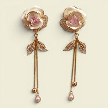 Load image into Gallery viewer, Ladies Gold Plated Floral Pink Heart Crystal Bead Drop Dangle Earrings
