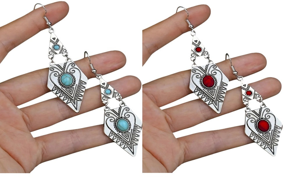 Ladies Silver Vintage Style Turquoise Middle Bead Triangle Hook Earrings