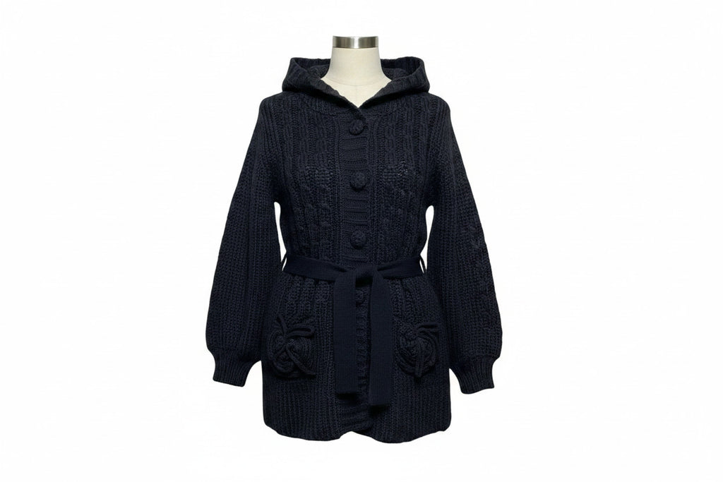 Girls Black Button Down Cable Knitted Hooded Cardigan