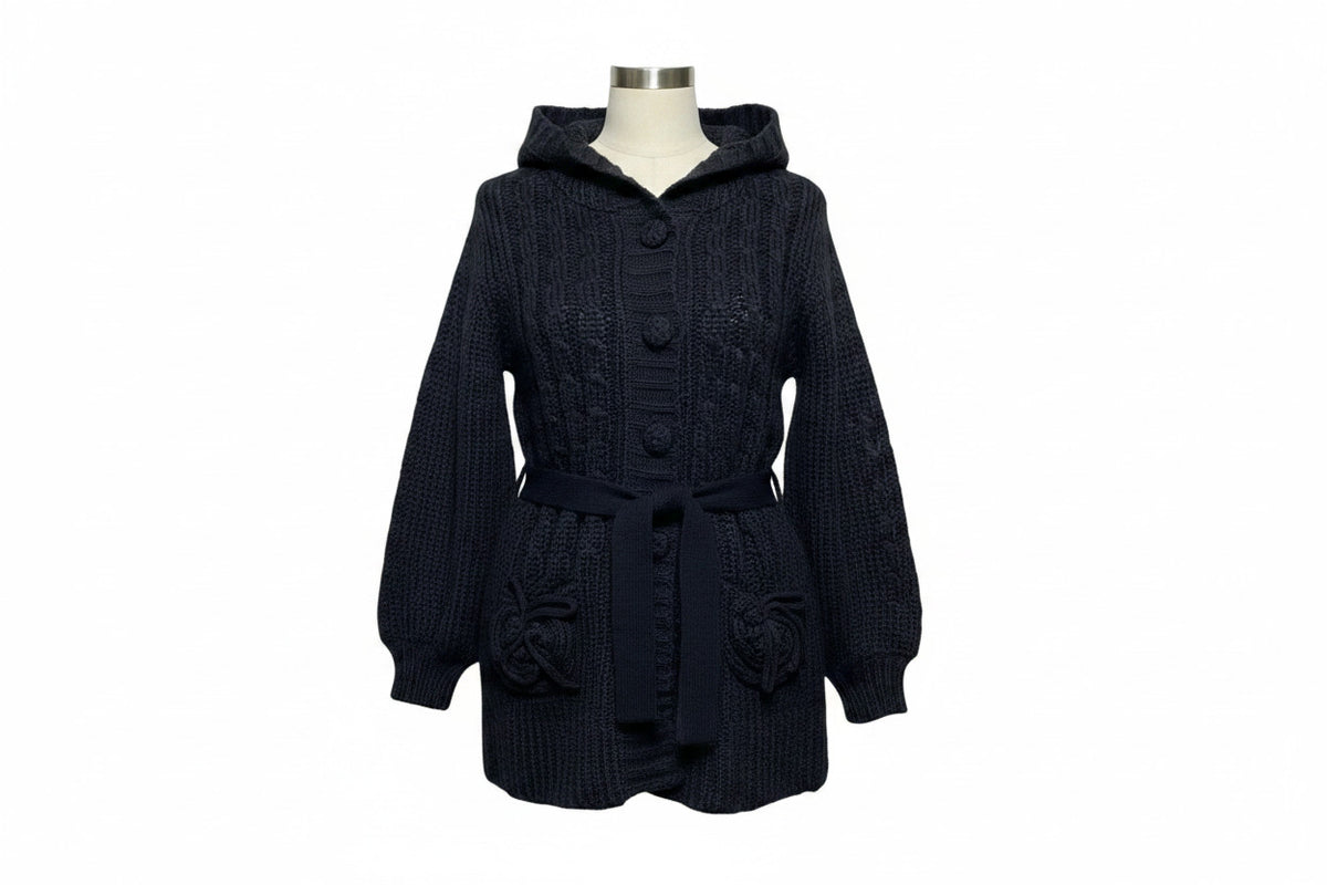 Girls Black Button Down Cable Knitted Hooded Cardigan