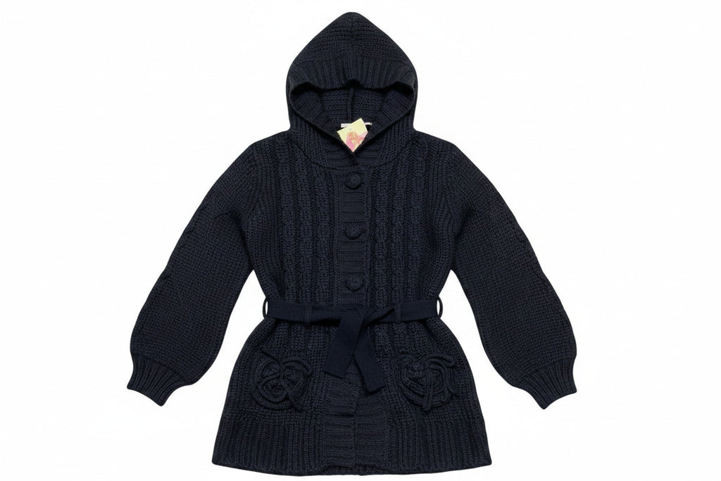 Girls Black Button Down Cable Knitted Hooded Cardigan