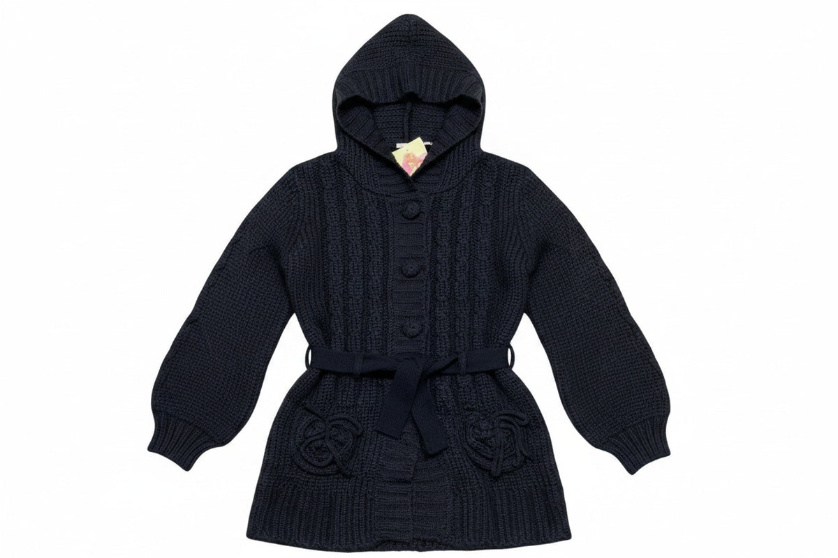 Girls Black Button Down Cable Knitted Hooded Cardigan