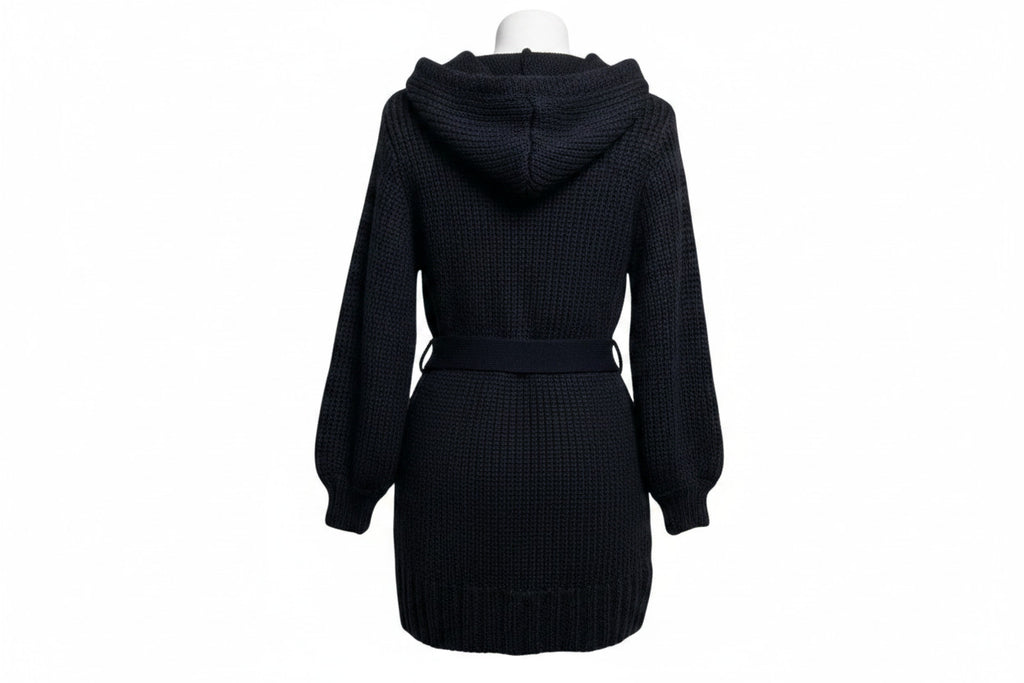 Girls Black Button Down Cable Knitted Hooded Cardigan