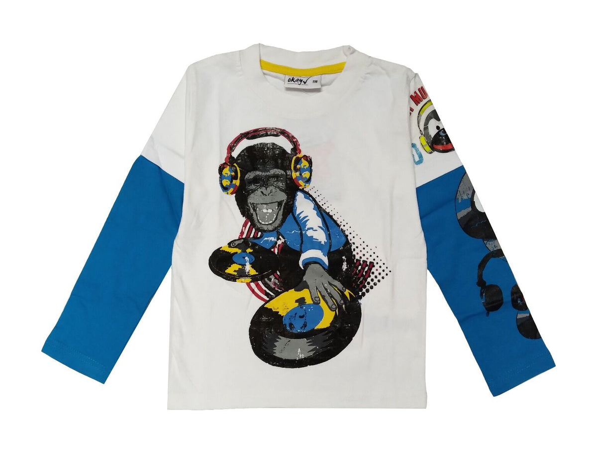 Boys White Monkey DJ Print Layer Long Sleeve Cotton T-Shirt