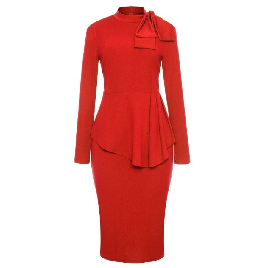 Womens Red High Neck Bow Peplum Pencil Dress – Klassywear