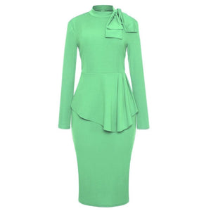 Light Green High Neck Bow Peplum Pencil Dress