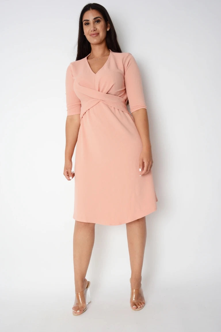 Ladies Peach V-Neck Crepe Twist Shift Short Sleeve Dress