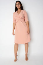 Load image into Gallery viewer, Ladies Peach V-Neck Crepe Twist Shift Short Sleeve Dress
