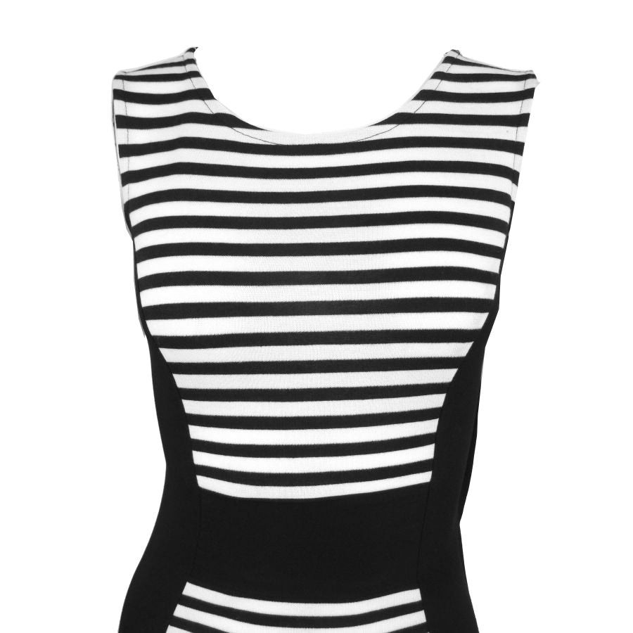 Black & White Striped Panel Fitted Bodycon Dress