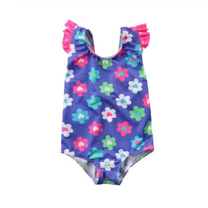 Girls Blue Multi Floral Frill Bow Back All In One Swimming Costume