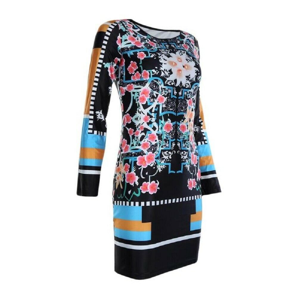 Black Multi Floral Square Prints Bodycon Dress