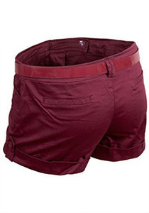 Burgundy Turn Up Belted Hot Pant Shorts