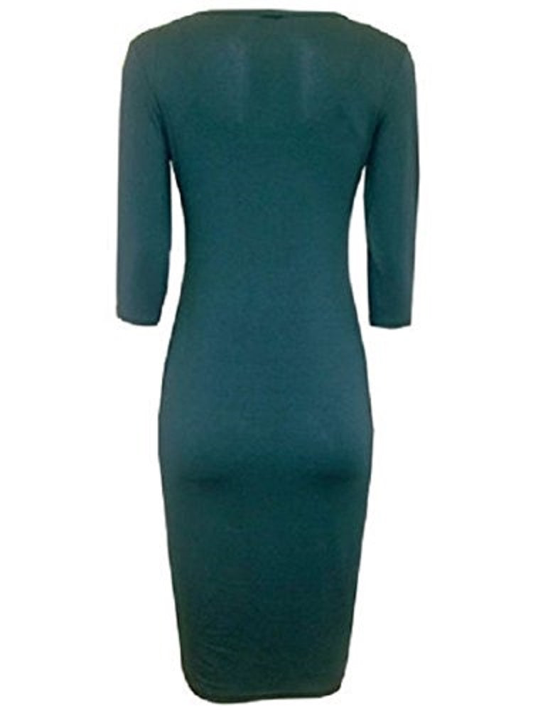 Teal Midi Bodycon Stretchy Jersey Tube 3/4 Sleeve Dress