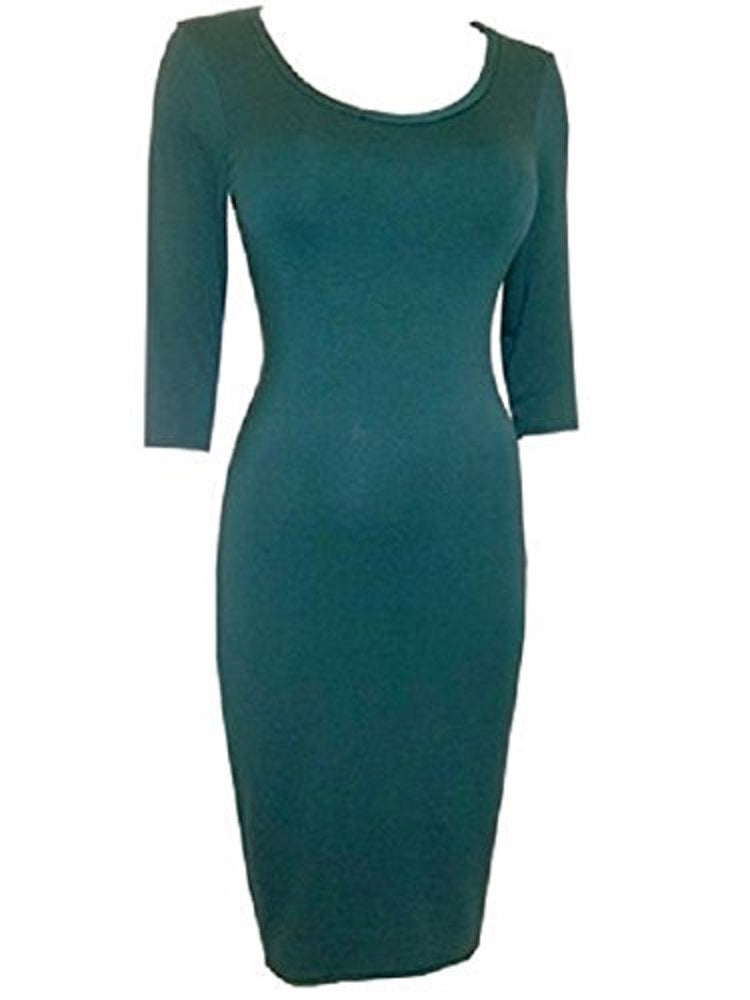 Teal Midi Bodycon Stretchy Jersey Tube 3/4 Sleeve Dress