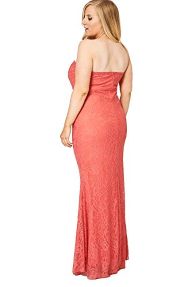 Coral Beaded Lace Strapless Evening Dress