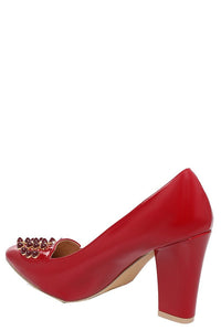 Ladies Red Front Studded High Block Heels Sexy Party Shoes