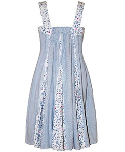 Blue striped patterned sleeveless Domino Girl dress.