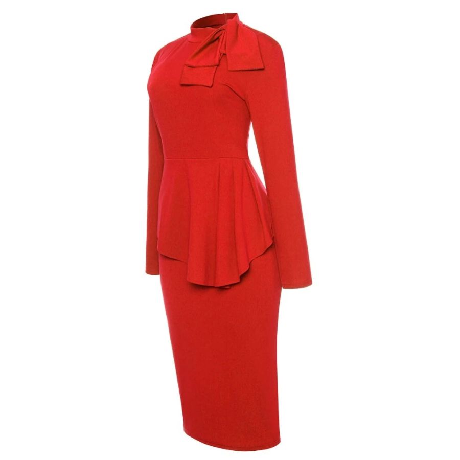 Red High Neck Bow Peplum Pencil Dress