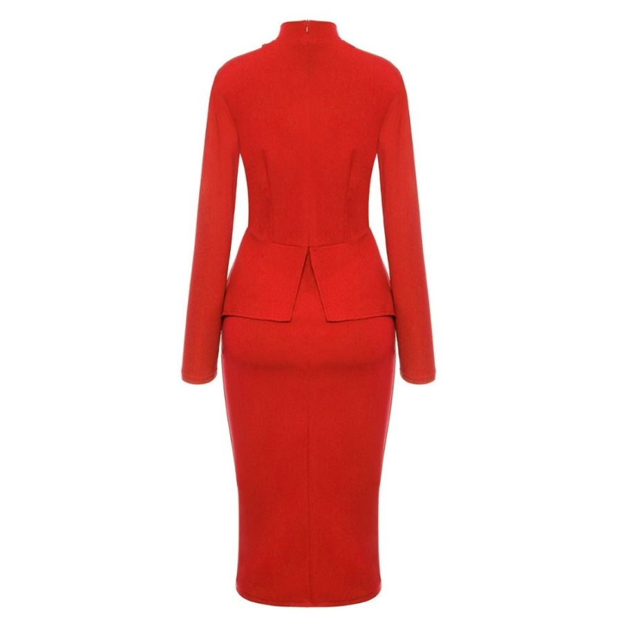 Red High Neck Bow Peplum Pencil Dress