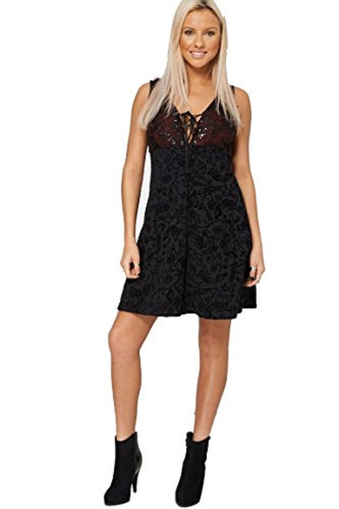 Black & Burgundy Plunge Lace & Sequin Sleeveless Dress