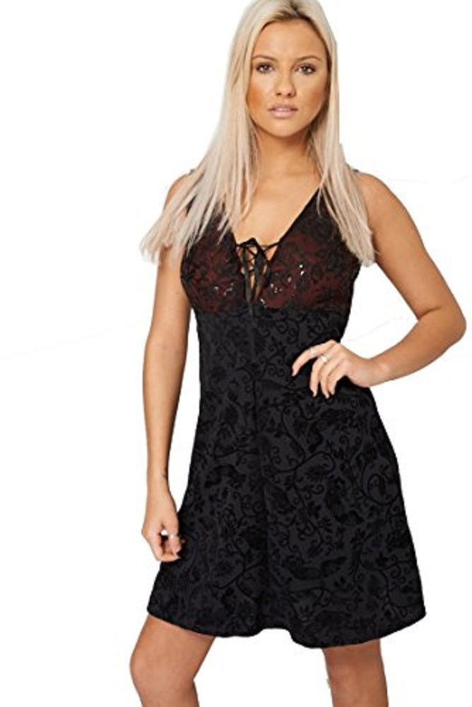 Black & Burgundy Plunge Lace & Sequin Sleeveless Dress