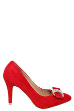 Load image into Gallery viewer, Red Faux Suede Embellished Pointed Heel Shoe
