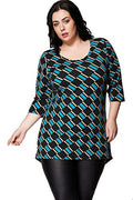 Black Multi Geometric Print 3/4 Sleeves Plus Size Top