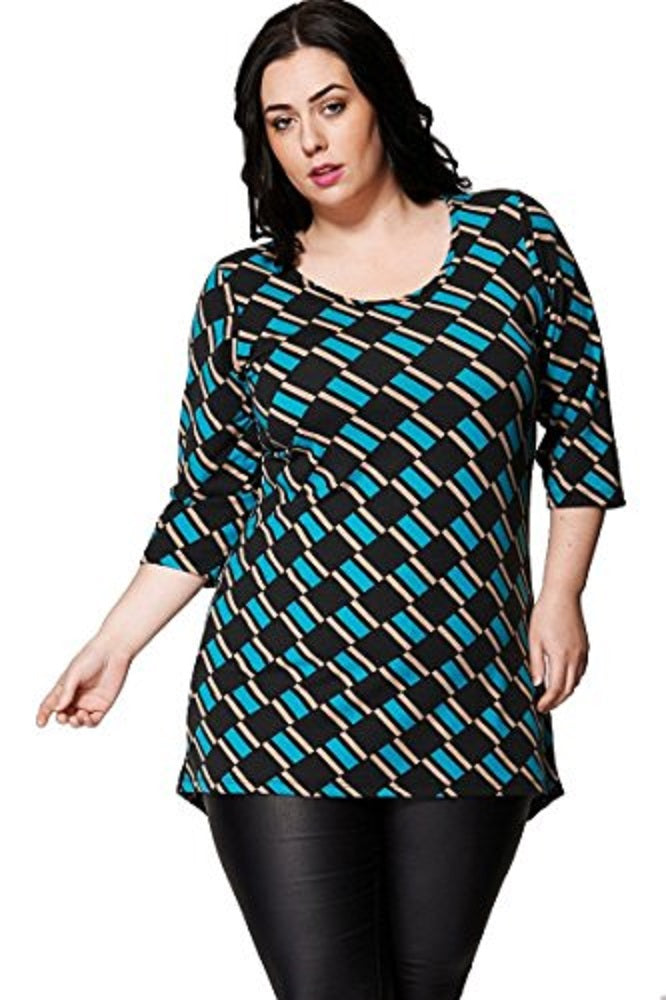 Black Multi Geometric Print 3/4 Sleeves Plus Size Top