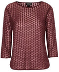 Maroon Floral Daisy Embroidered Mesh 3/4 Sleeve Top