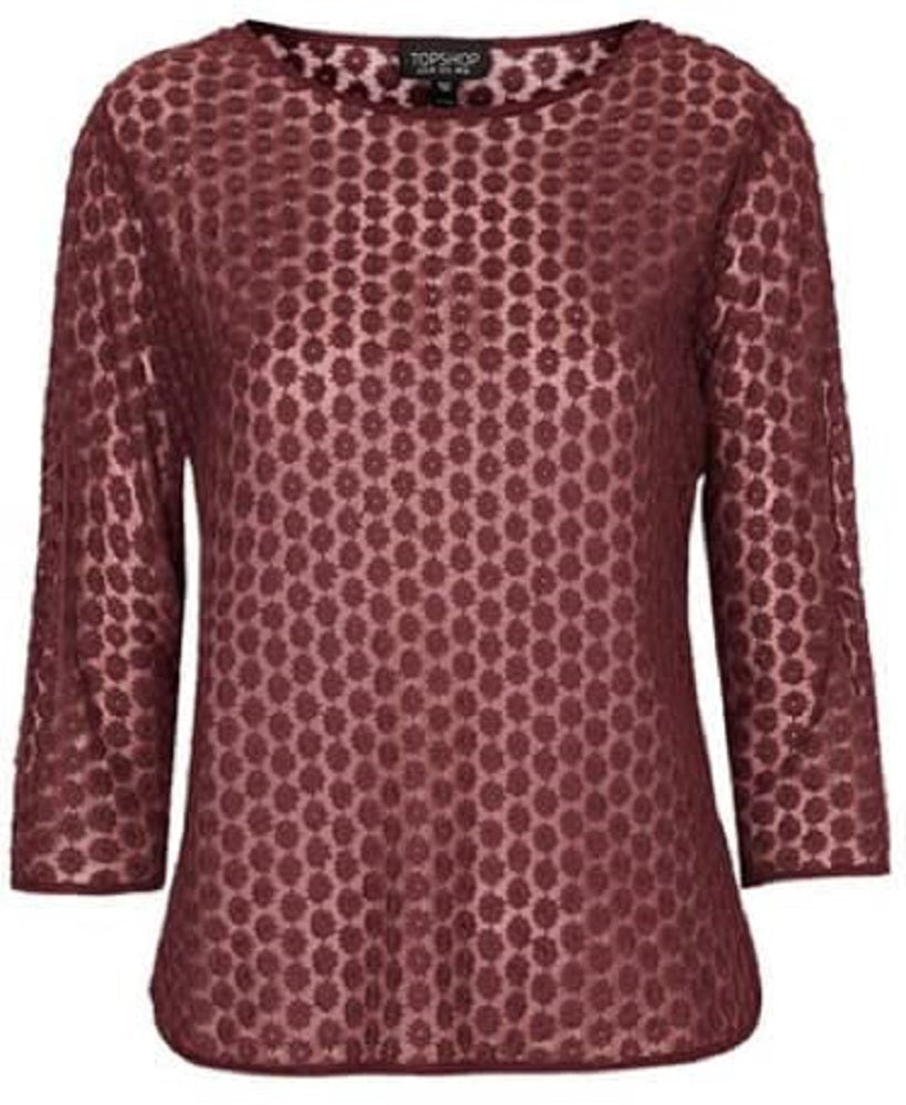 Maroon Floral Daisy Embroidered Mesh 3/4 Sleeve Top