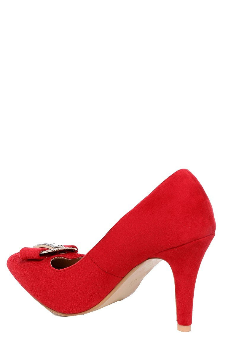 Red Faux Suede Embellished Pointed Heel Shoe