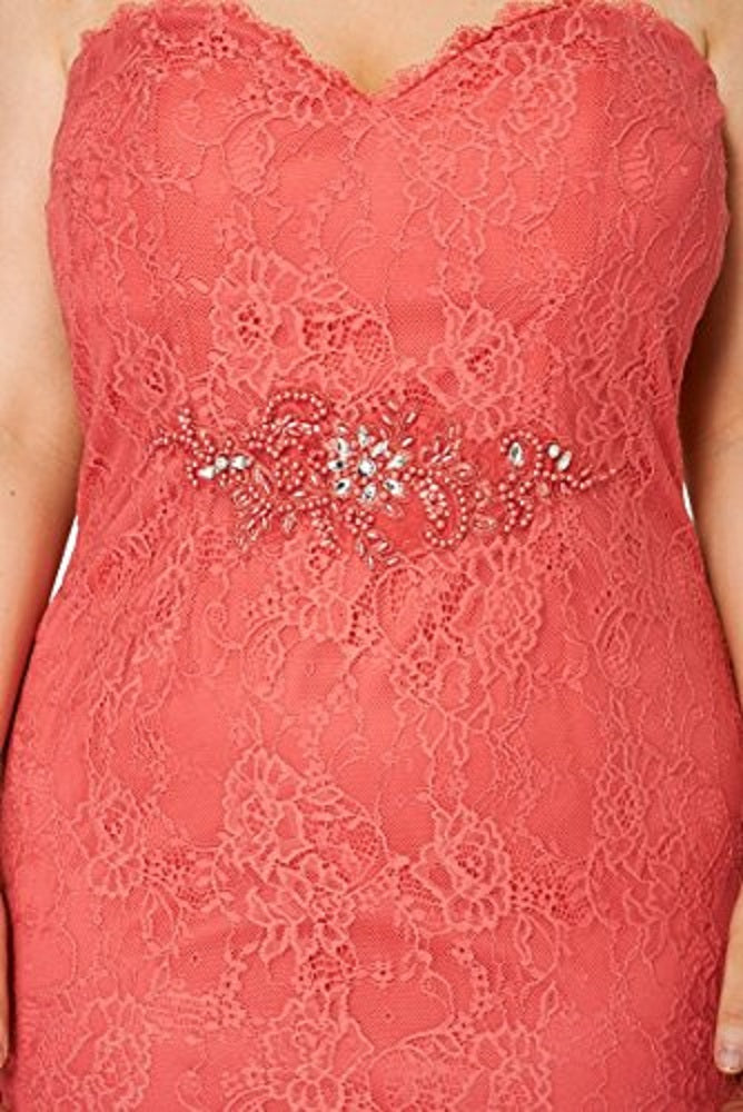 Coral Beaded Lace Strapless Evening Dress