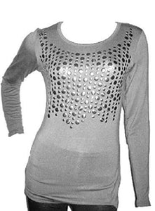 Grey Front Embellished Long sleeve Tunic Top