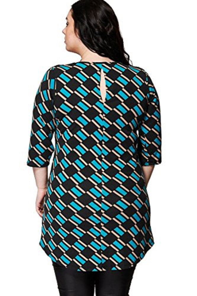 Black Multi Geometric Print 3/4 Sleeves Plus Size Top