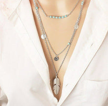 Load image into Gallery viewer, Silver Turquoise Beaded &amp; Circle Feather 3Tier Multilayer Necklace
