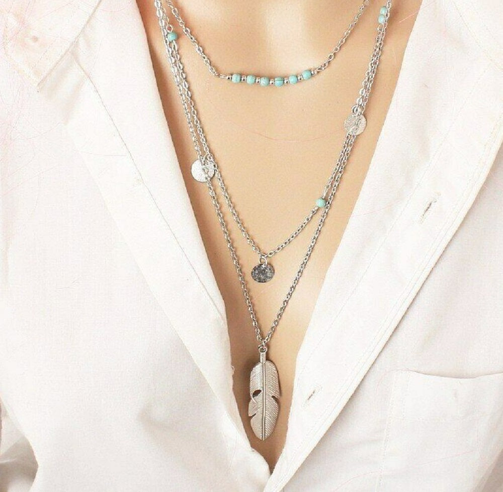 Silver Turquoise Beaded & Circle Feather 3Tier Multilayer Necklace